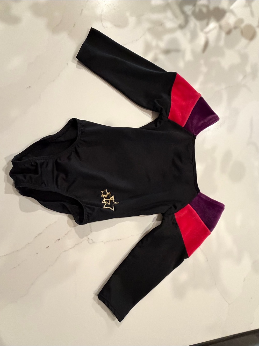 Kids Black One-Piece Leotard with Pink and Purple Sleeve Panels